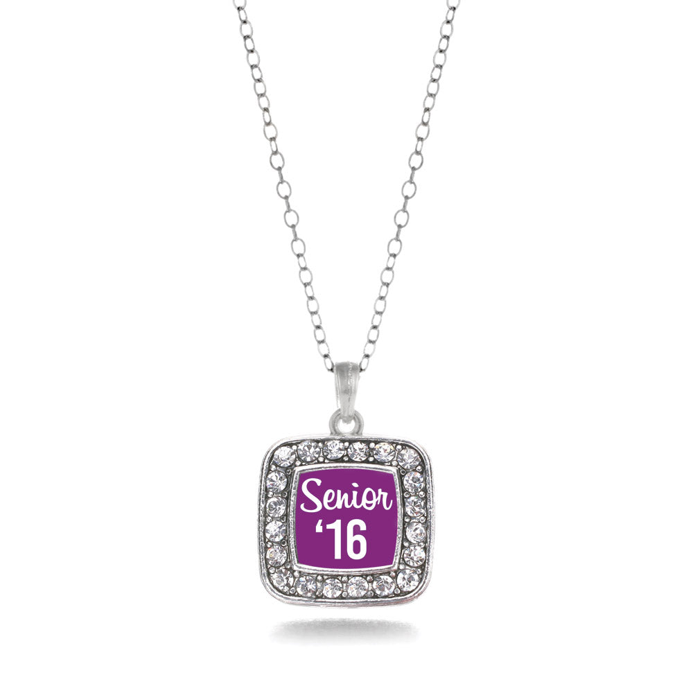 Silver Purple Senior '16 Square Charm Classic Necklace
