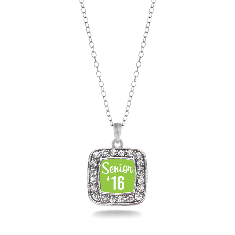 Silver Lime Green Senior '16 Square Charm Classic Necklace