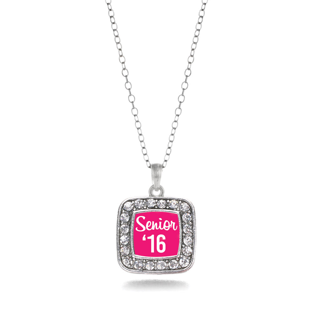 Silver Fuchsia Senior '16 Square Charm Classic Necklace