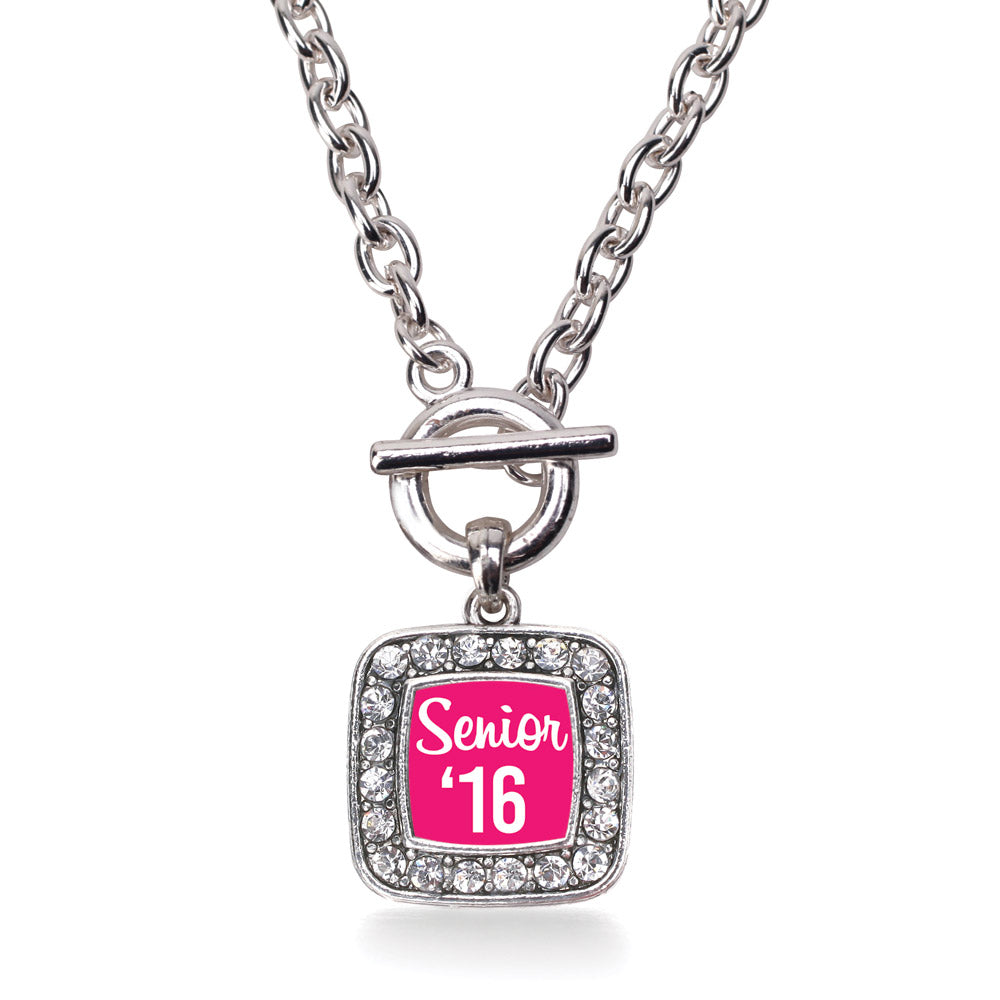 Silver Fuchsia Senior '16 Square Charm Toggle Necklace