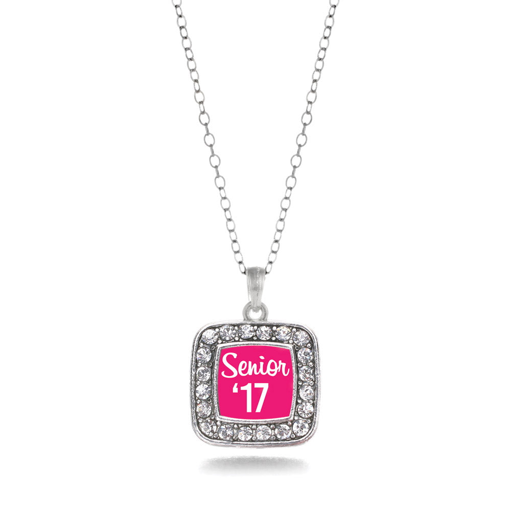 Silver Fuchsia Senior '17 Square Charm Classic Necklace