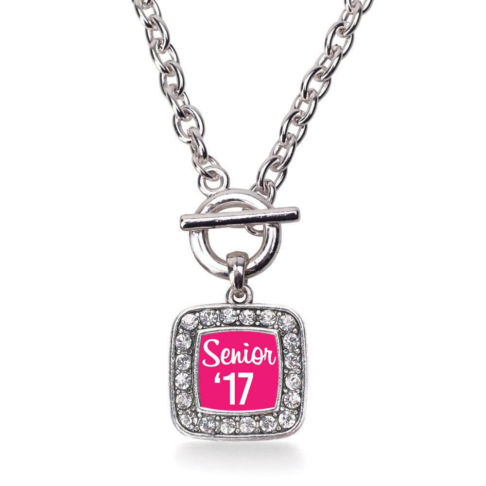 Silver Fuchsia Senior '17 Square Charm Toggle Necklace
