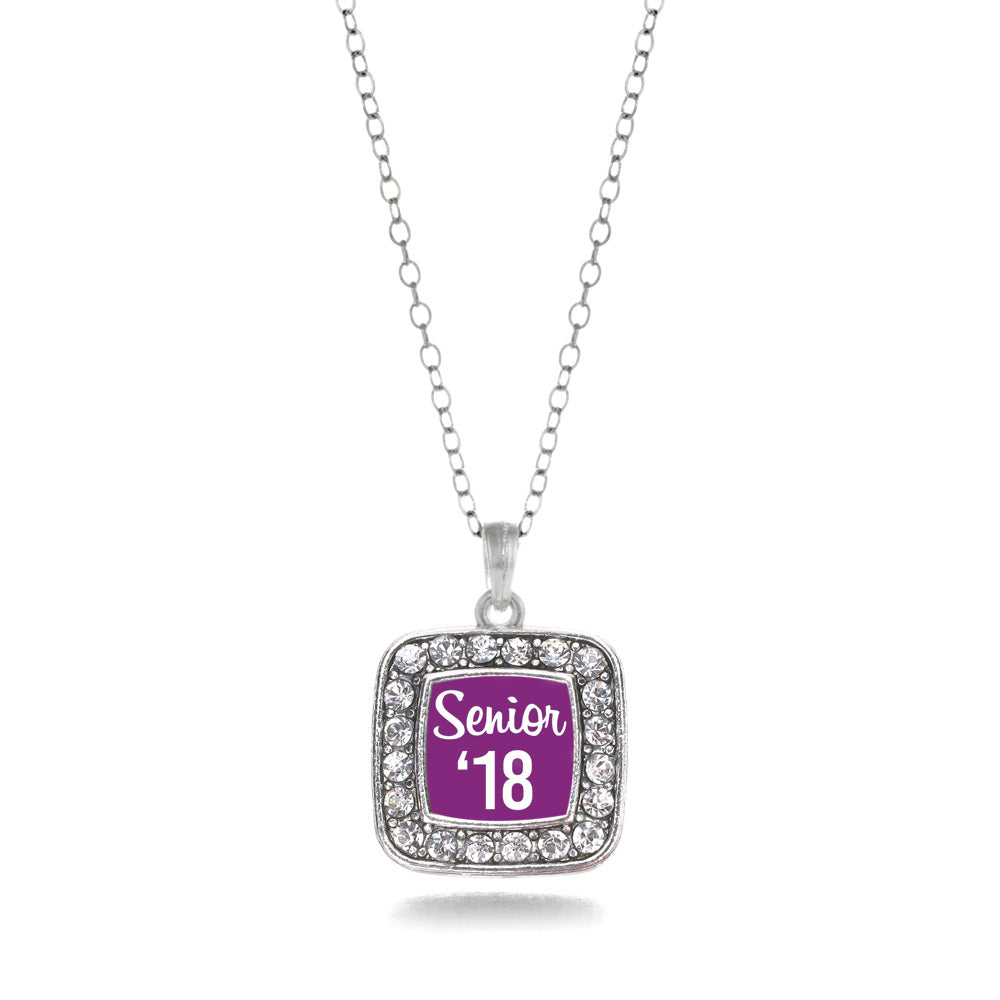 Silver Purple Senior '18 Square Charm Classic Necklace