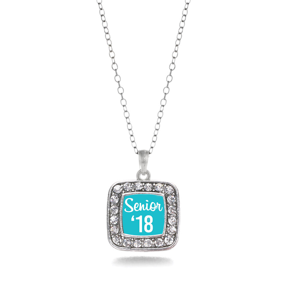 Silver Teal Senior '18 Square Charm Classic Necklace