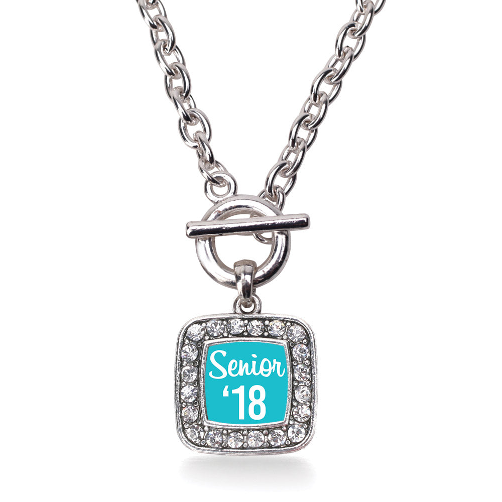 Silver Teal Senior '18 Square Charm Toggle Necklace