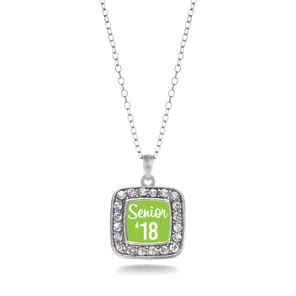 Silver Lime Green Senior '18 Square Charm Classic Necklace