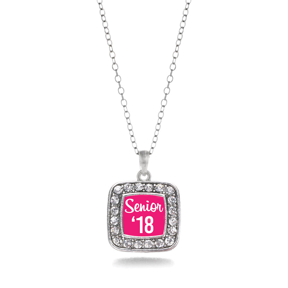Silver Fuchsia Senior '18 Square Charm Classic Necklace