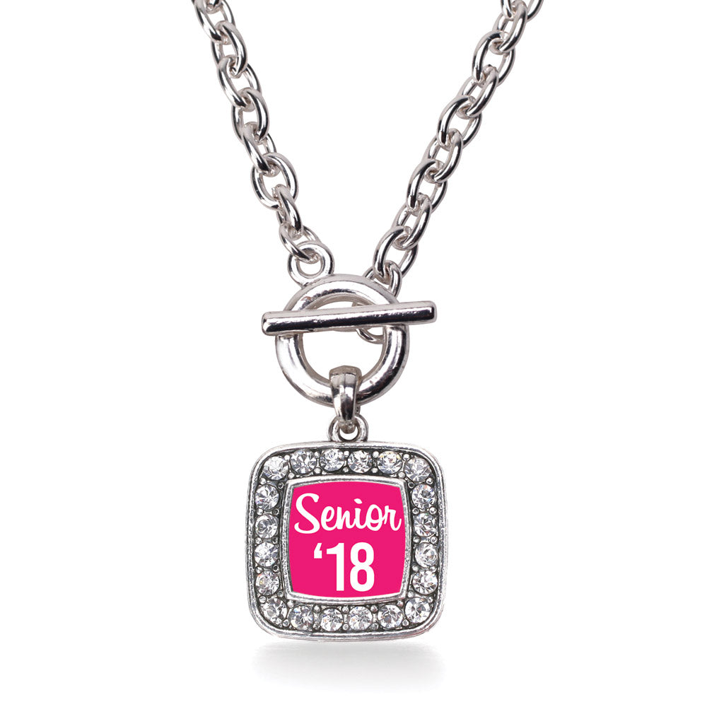 Silver Fuchsia Senior '18 Square Charm Toggle Necklace