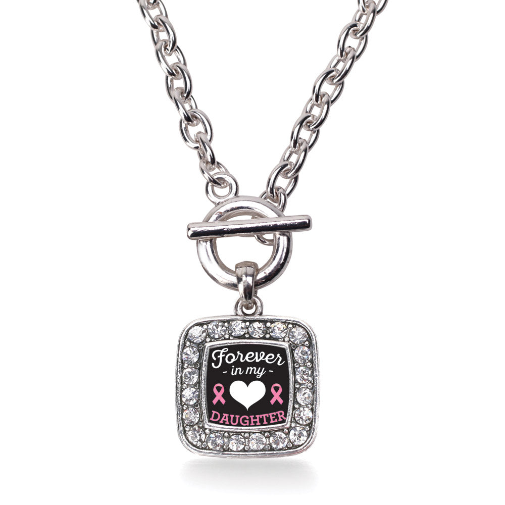 Silver Forever in my Heart Daughter Breast Cancer Support Square Charm Toggle Necklace