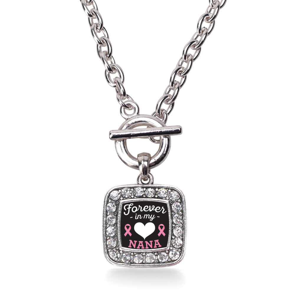 Silver Forever in my Heart Nana Breast Cancer Support Square Charm Toggle Necklace