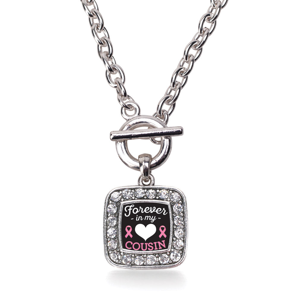 Silver Forever in my Heart Cousin Breast Cancer Support Square Charm Toggle Necklace
