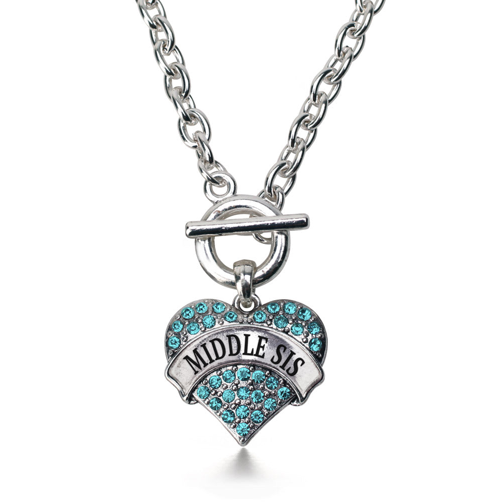 Silver Middle Sis Aqua Aqua Pave Heart Charm Toggle Necklace