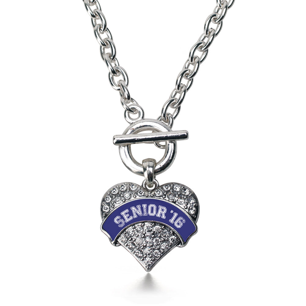 Silver Navy Blue Senior 2016 Pave Heart Charm Toggle Necklace