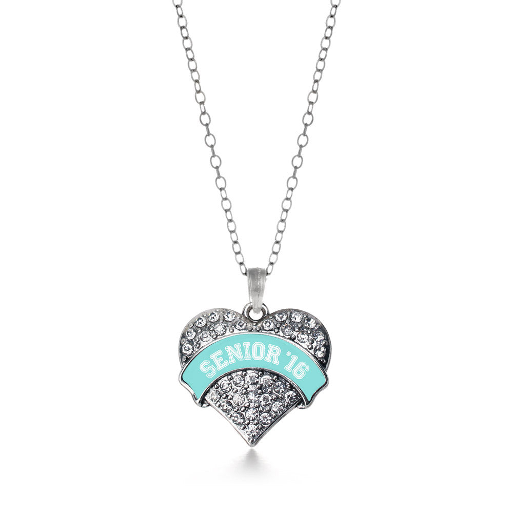 Silver Teal Senior 2016 Pave Heart Charm Classic Necklace