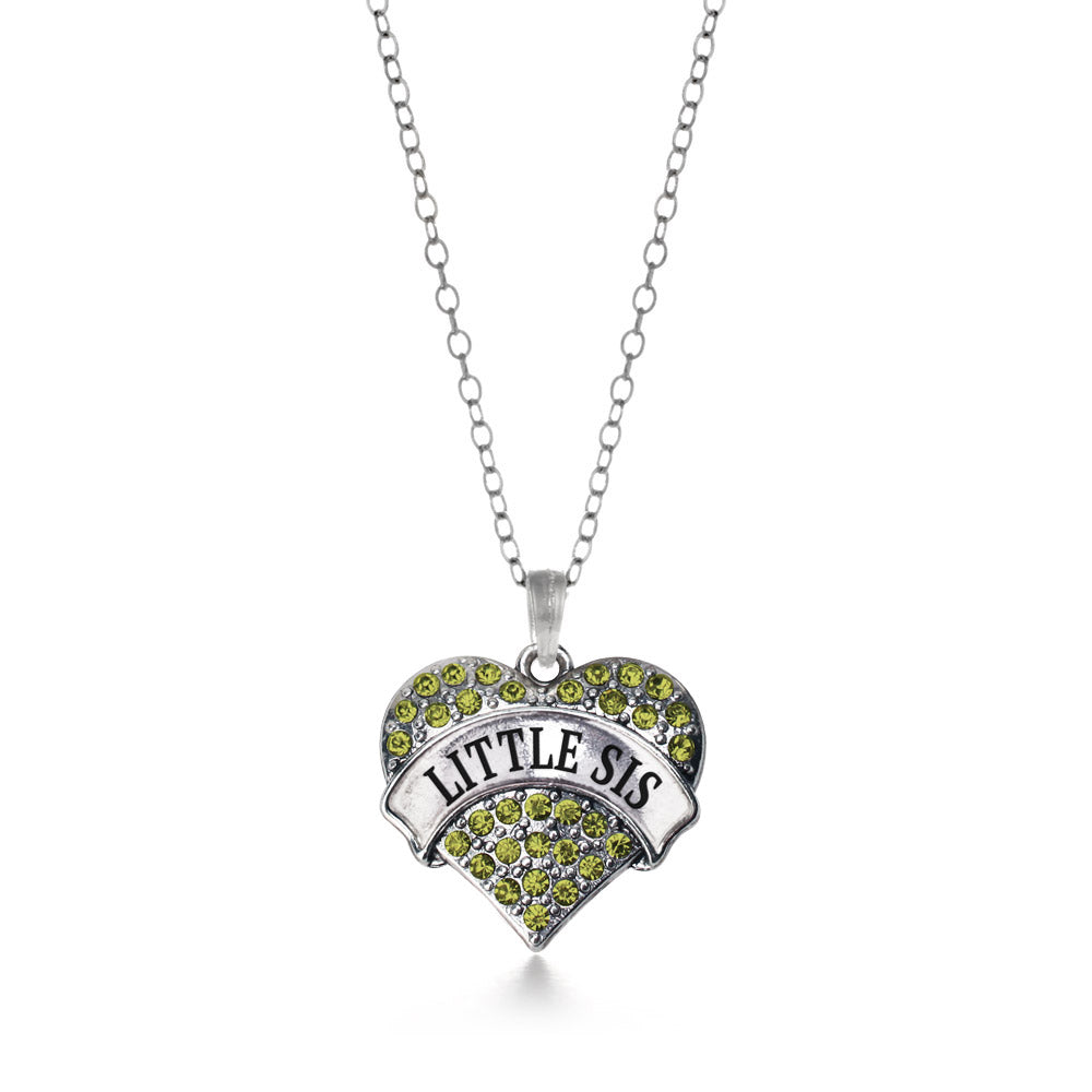 Silver Little Sis Green Green Pave Heart Charm Classic Necklace