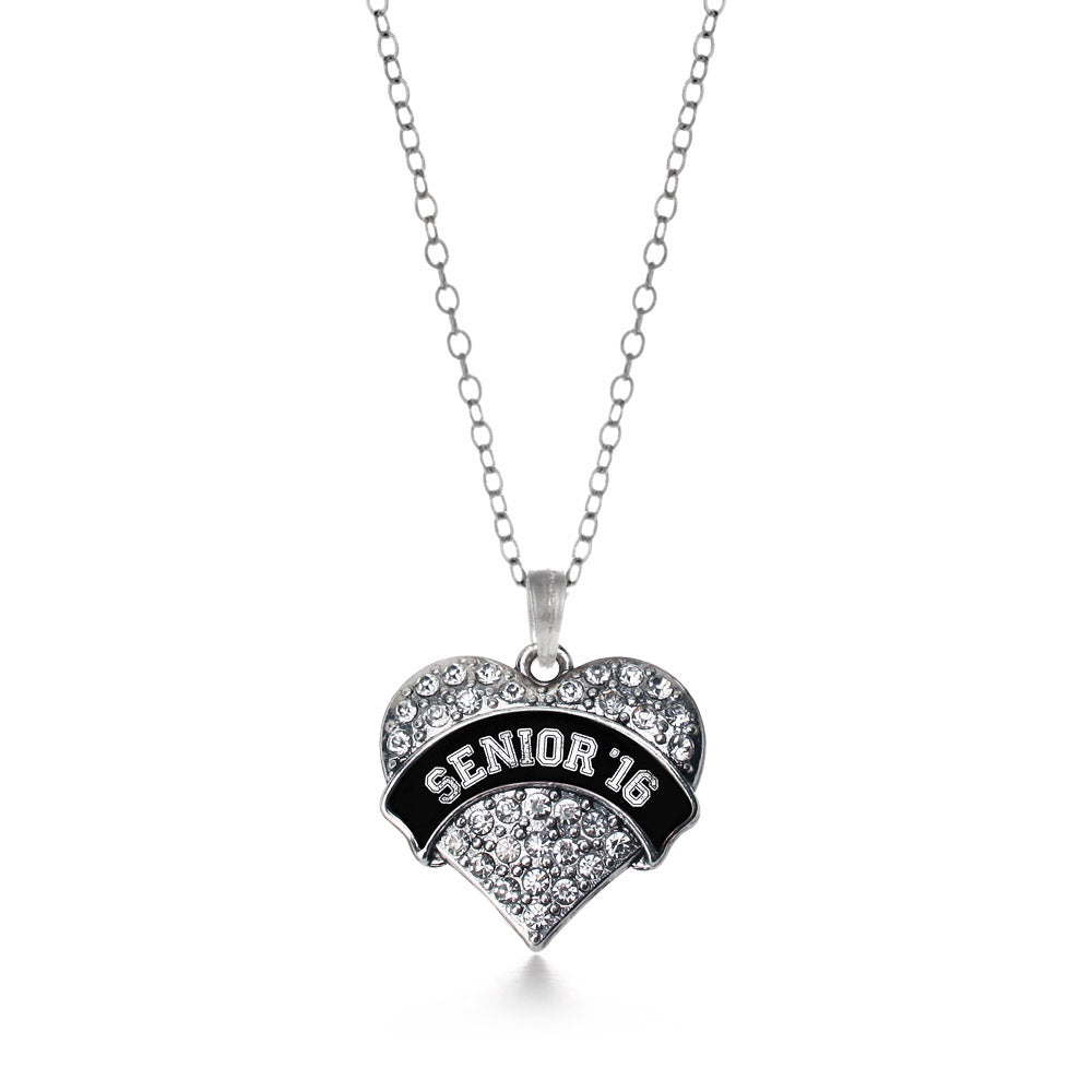 Silver Black and White Senior 2016 Pave Heart Charm Classic Necklace