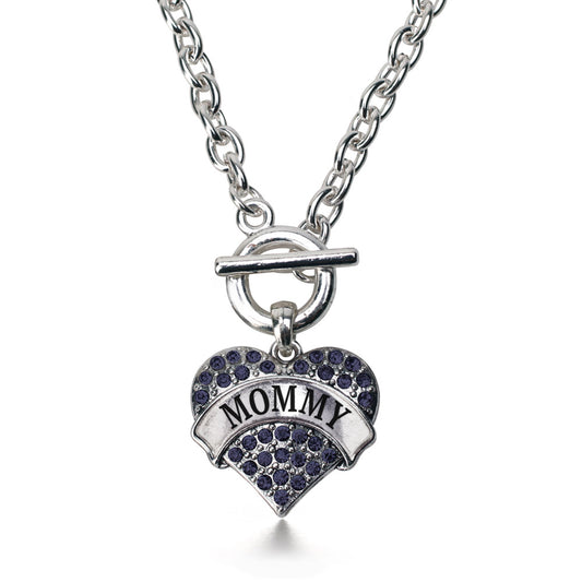 Silver Mommy Navy Blue Blue Pave Heart Charm Toggle Necklace