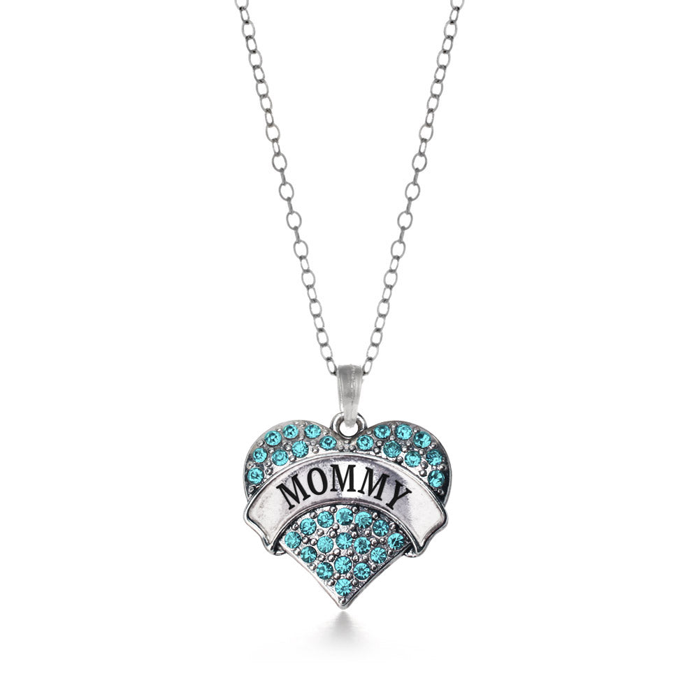 Silver Mommy Aqua Aqua Pave Heart Charm Classic Necklace