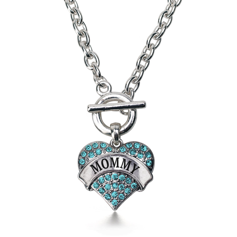 Silver Mommy Aqua Aqua Pave Heart Charm Toggle Necklace