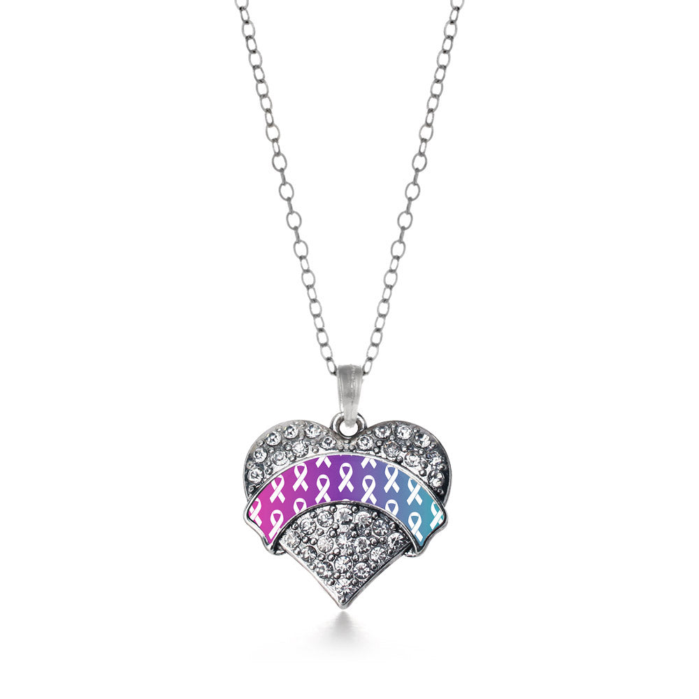 Silver Thyroid Ribbon Support Pave Heart Charm Classic Necklace