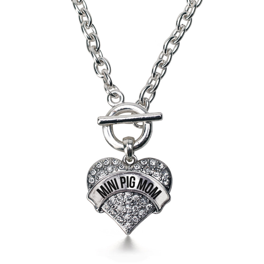 Silver Mini Pig Mom Pave Heart Charm Toggle Necklace