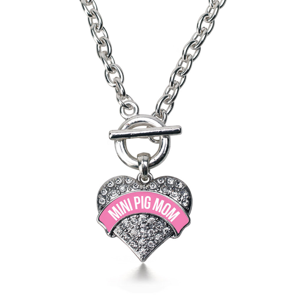 Silver Mini Pig Mom - Pink Pave Heart Charm Toggle Necklace