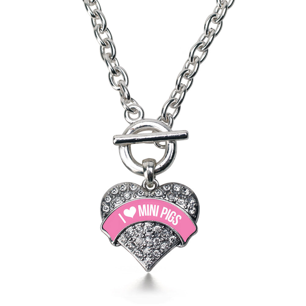 Silver I Love Mini Pigs - Pink Pave Heart Charm Toggle Necklace