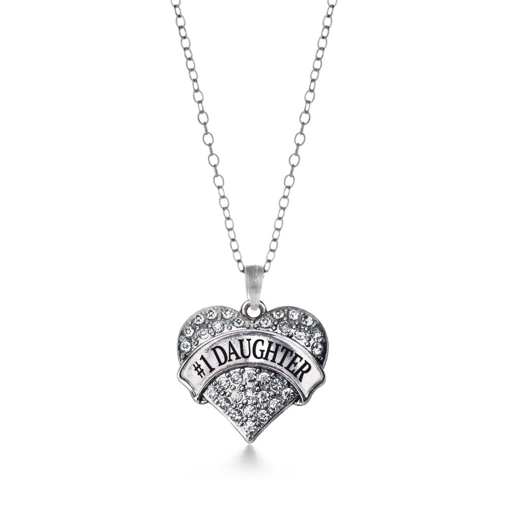 Silver #1 Daughter Pave Heart Charm Classic Necklace