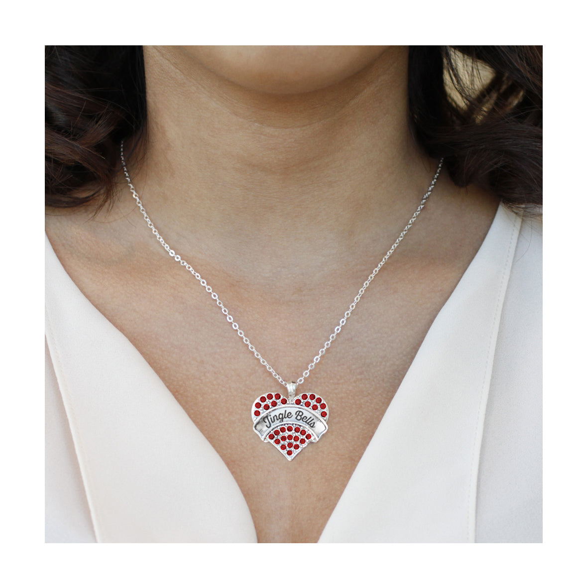 Silver Jingle Bells Red Red Pave Heart Charm Classic Necklace