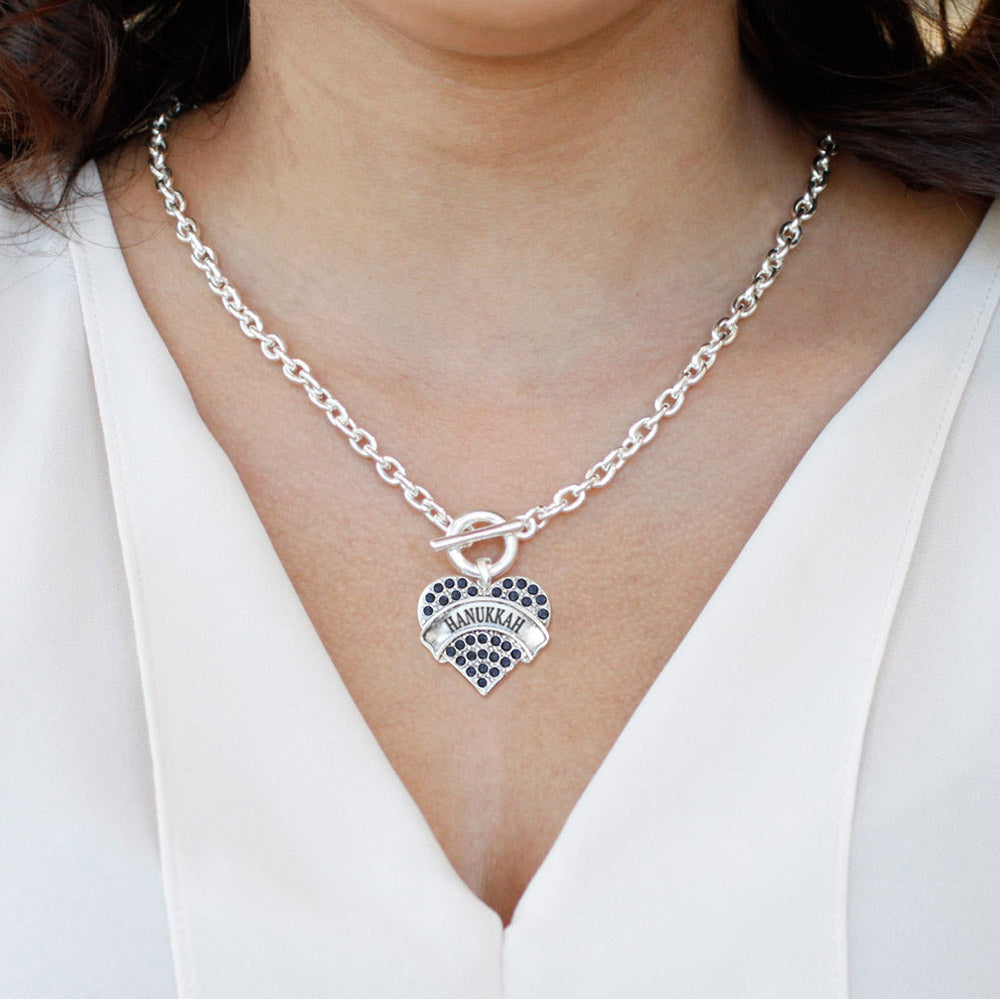 Silver Hanukkah Blue Blue Pave Heart Charm Toggle Necklace