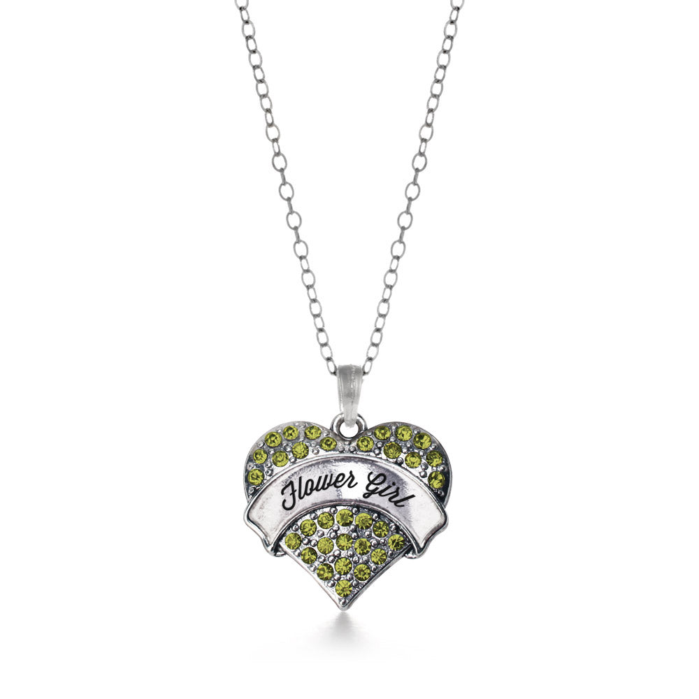 Silver Green Flower Girl Green Pave Heart Charm Classic Necklace