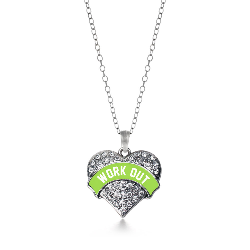 Silver Green Work Out Pave Heart Charm Classic Necklace