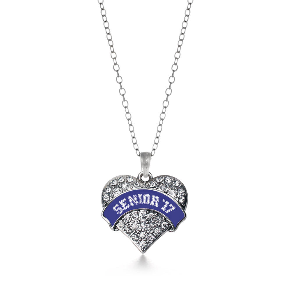 Silver Navy Blue Senior 2017 Pave Heart Charm Classic Necklace