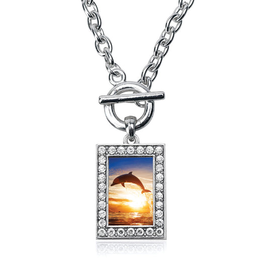 Silver Dolphin in the Sunset Rectangle Charm Toggle Necklace