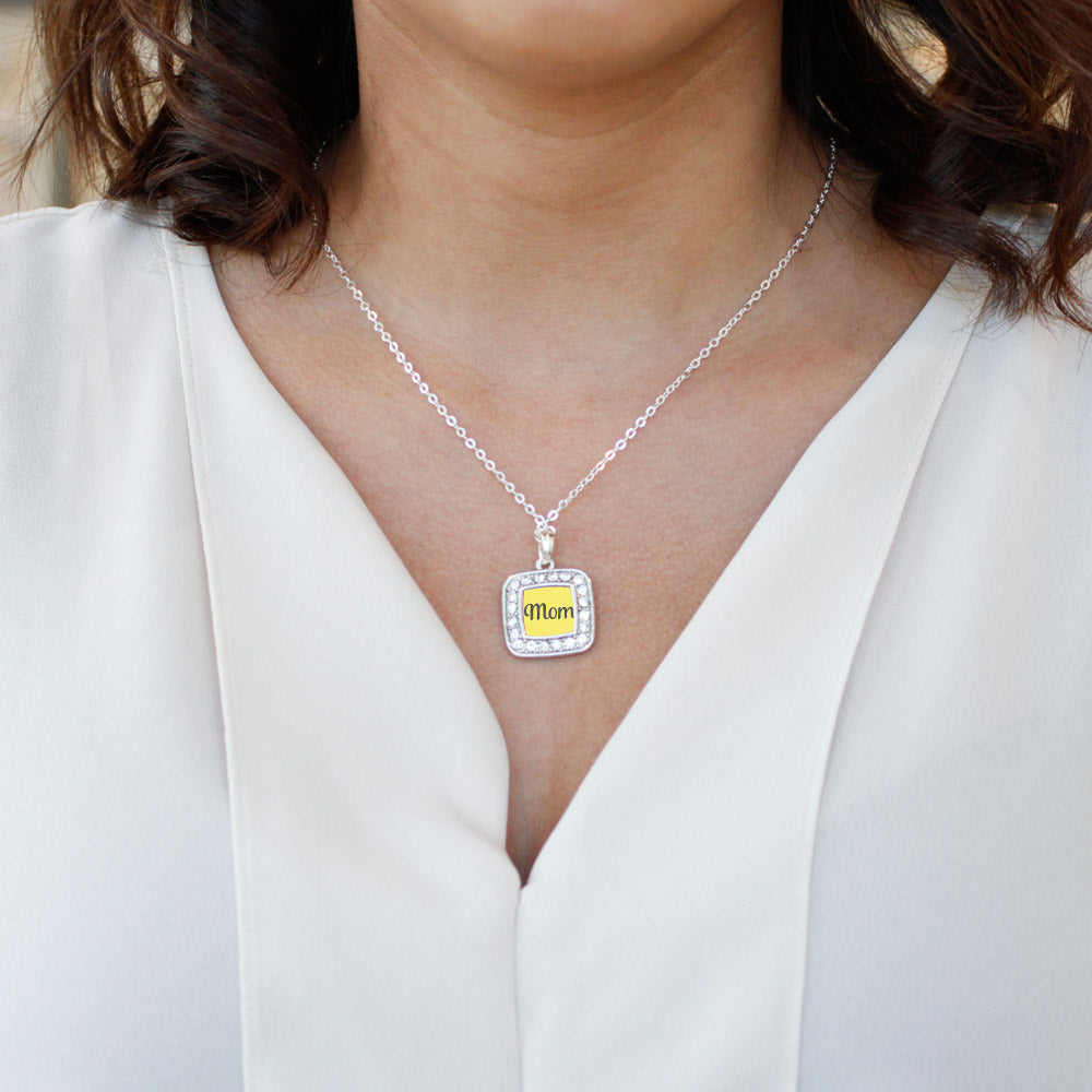 Silver Yellow Mom Square Charm Classic Necklace