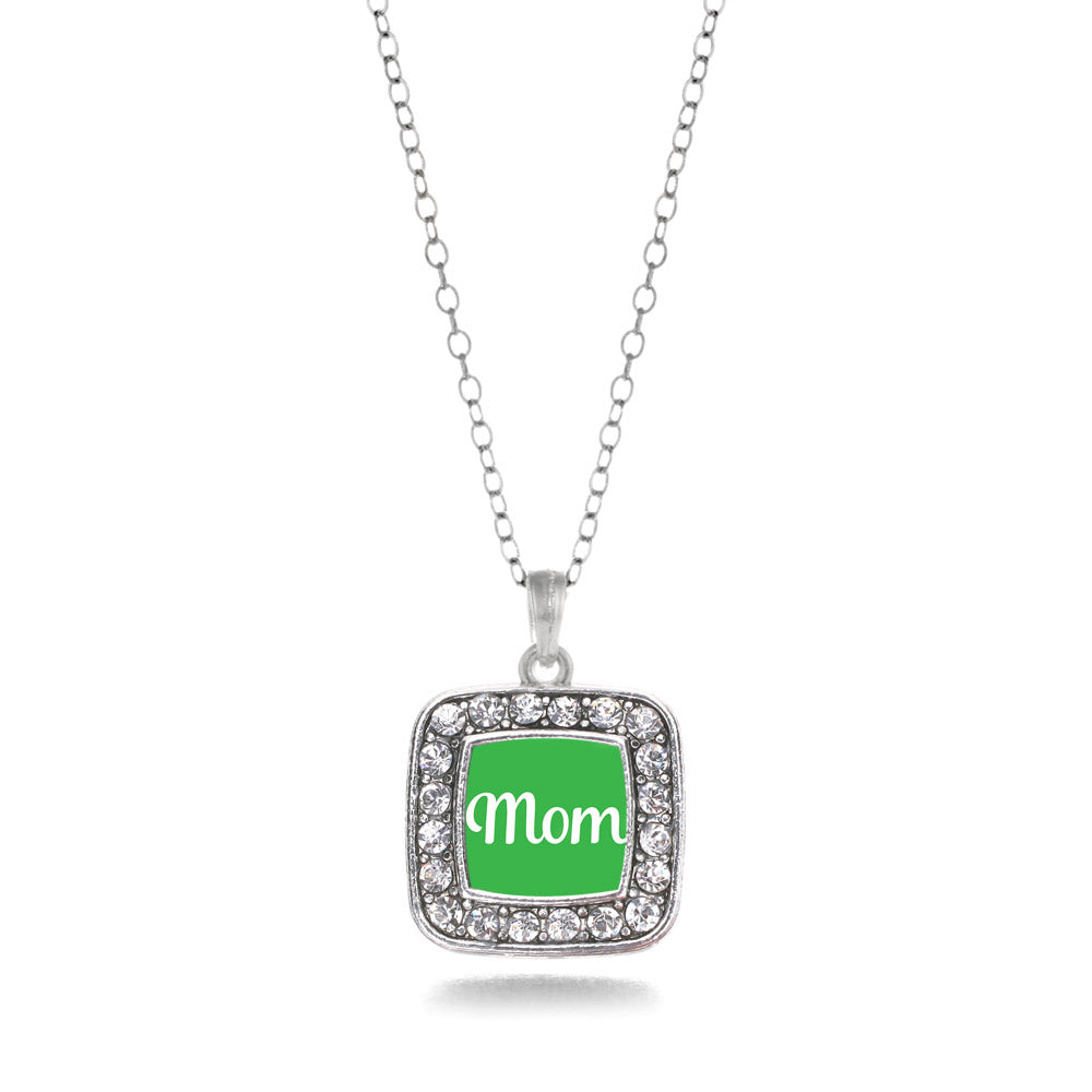Silver Green Mom Square Charm Classic Necklace