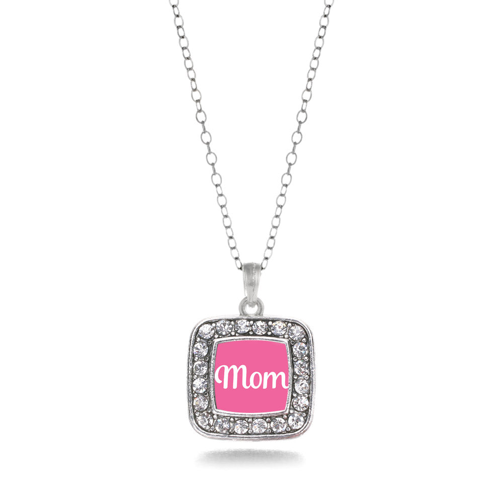 Silver Pink Mom Square Charm Classic Necklace