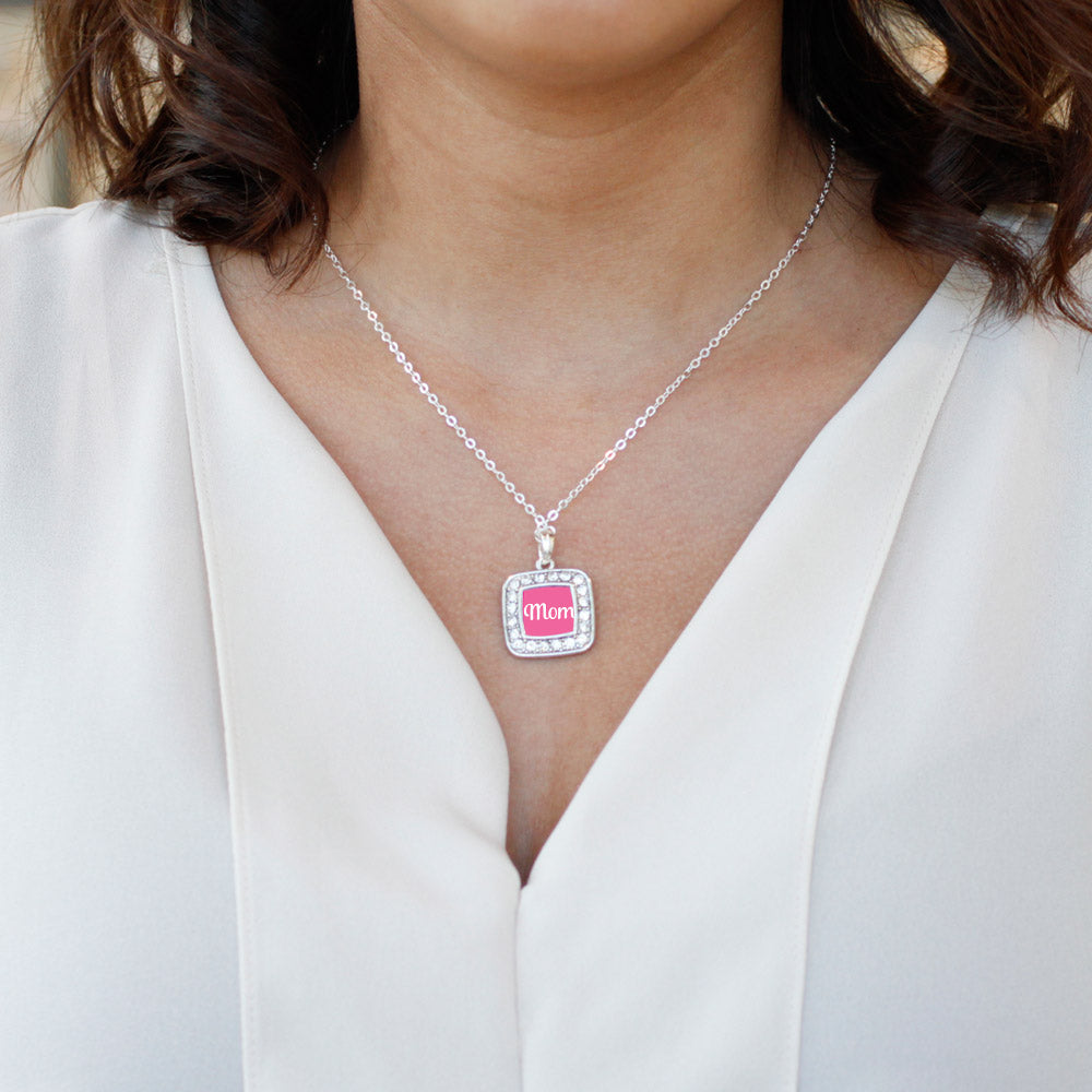 Silver Pink Mom Square Charm Classic Necklace