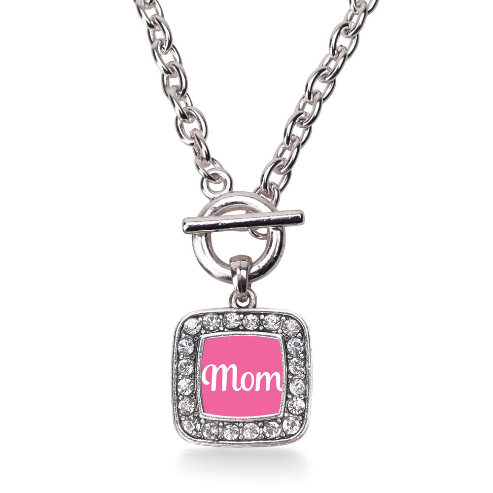 Silver Pink Mom Square Charm Toggle Necklace