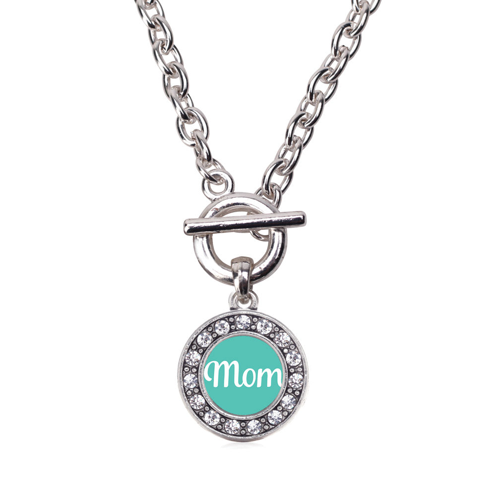 Silver Teal Mom Circle Charm Toggle Necklace