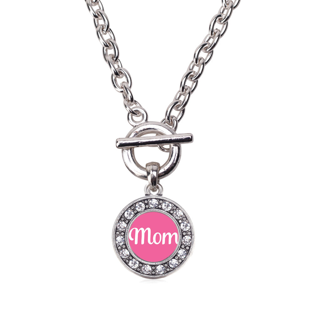 Silver Pink Mom Circle Charm Toggle Necklace