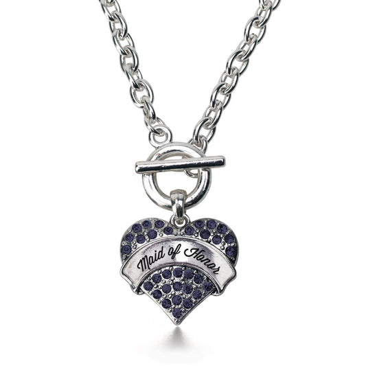 Silver Navy Maid of Honor Blue Pave Heart Charm Toggle Necklace