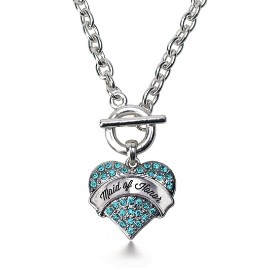 Silver Aqua Maid of Honor Aqua Pave Heart Charm Toggle Necklace