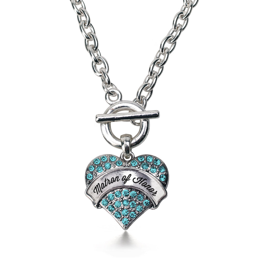 Silver Aqua Matron of Honor Aqua Pave Heart Charm Toggle Necklace