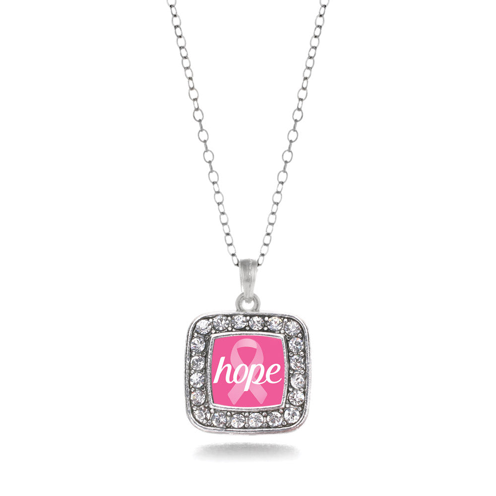 Silver Hope Breast Cancer Awareness Square Charm Classic Necklace