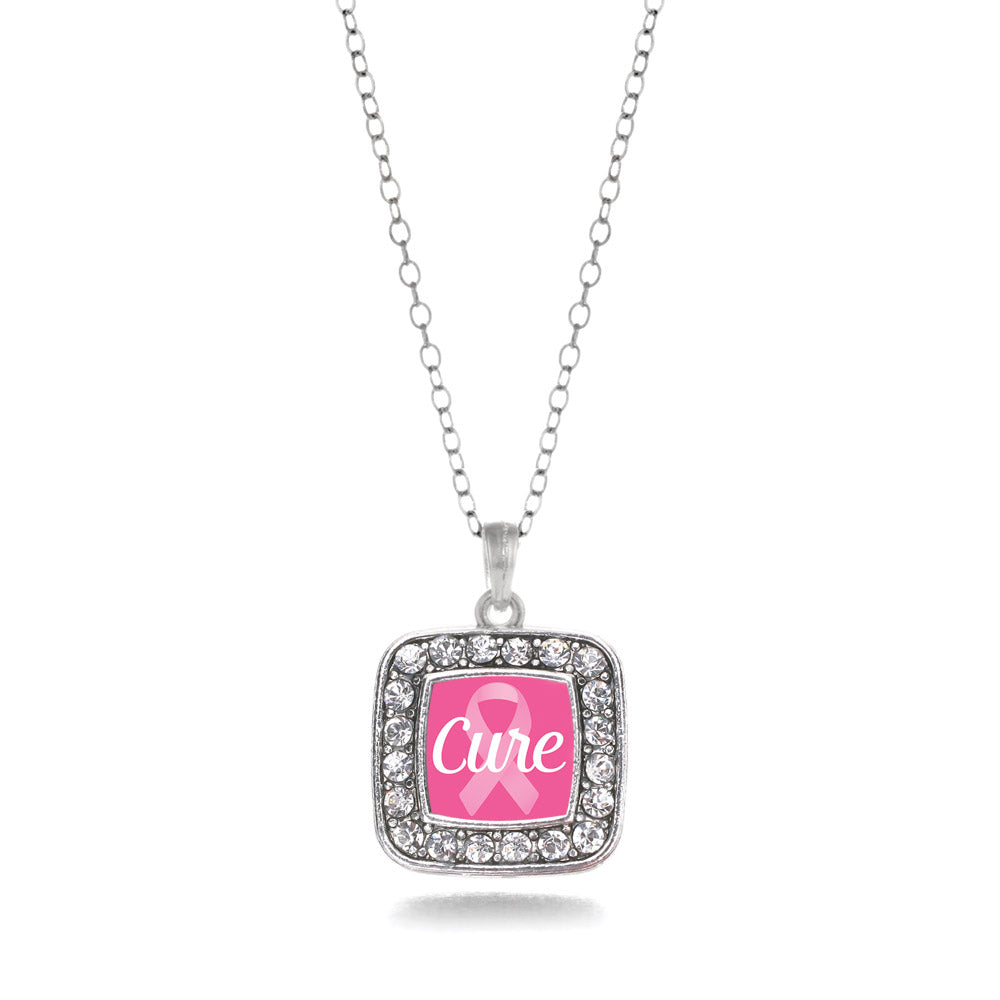 Silver Cure Breast Cancer Awareness Square Charm Classic Necklace