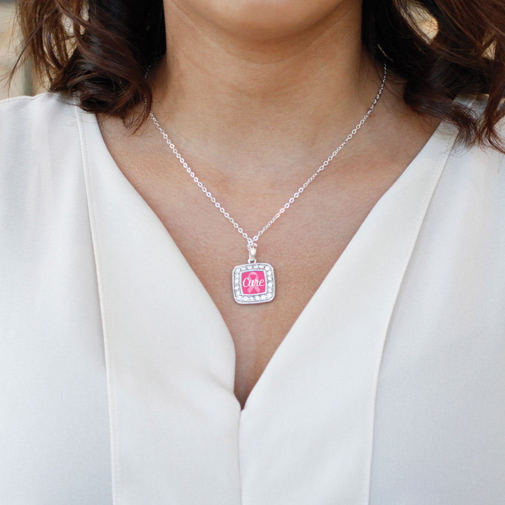 Silver Cure Breast Cancer Awareness Square Charm Classic Necklace