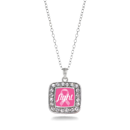 Silver Fight Breast Cancer Awareness Square Charm Classic Necklace