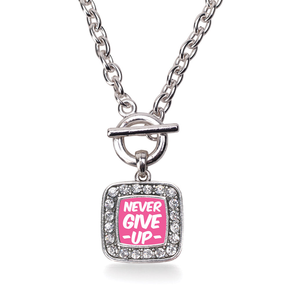 Silver Never Give up Breast Cancer Awareness Square Charm Toggle Necklace