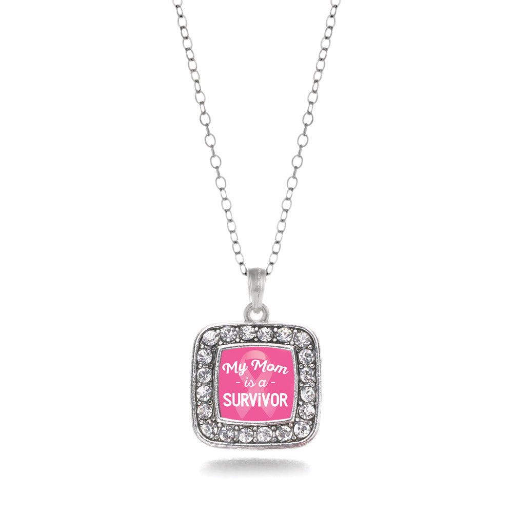 Silver My Mom is a Survivor Breast Cancer Awareness Square Charm Classic Necklace